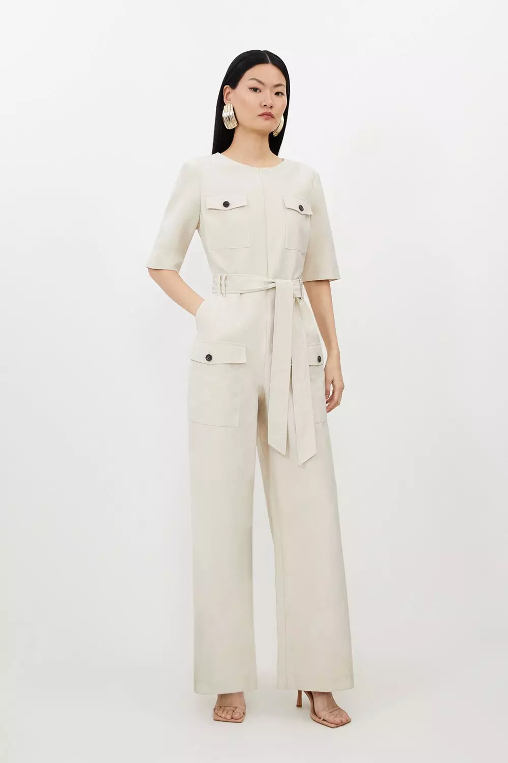 Petite Cargo Pocket Belted Wide Leg Tailored Jumpsuit Karen Millen